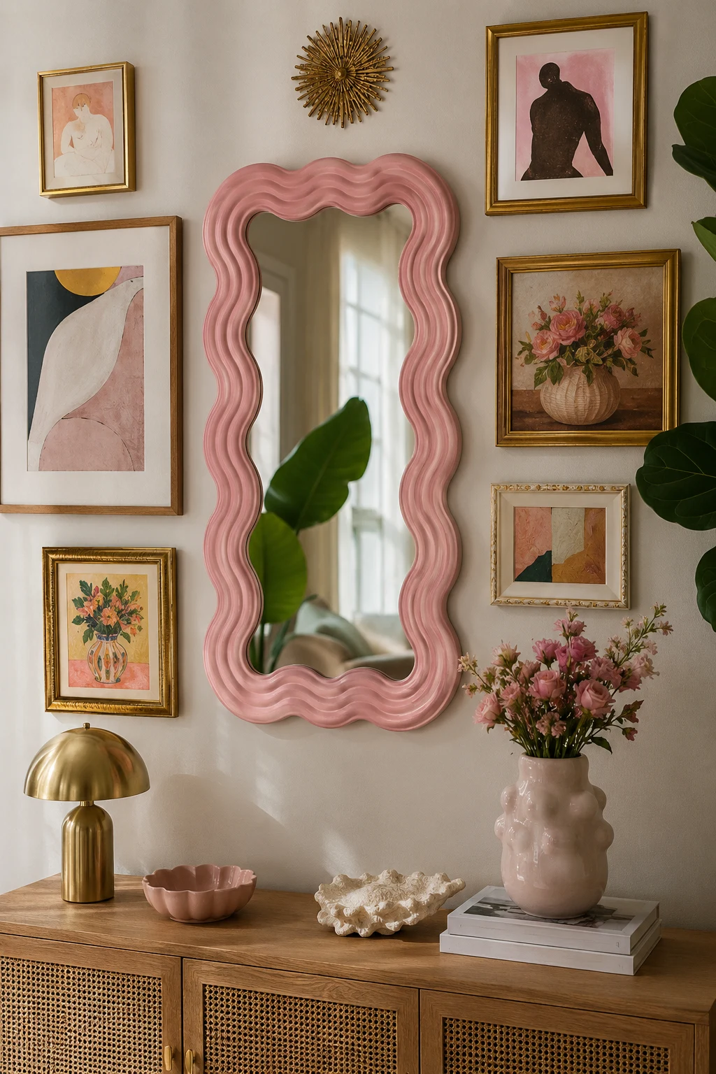 Design a Gallery Wall Around a Wavy Pink Mirror — wavy pink mirror