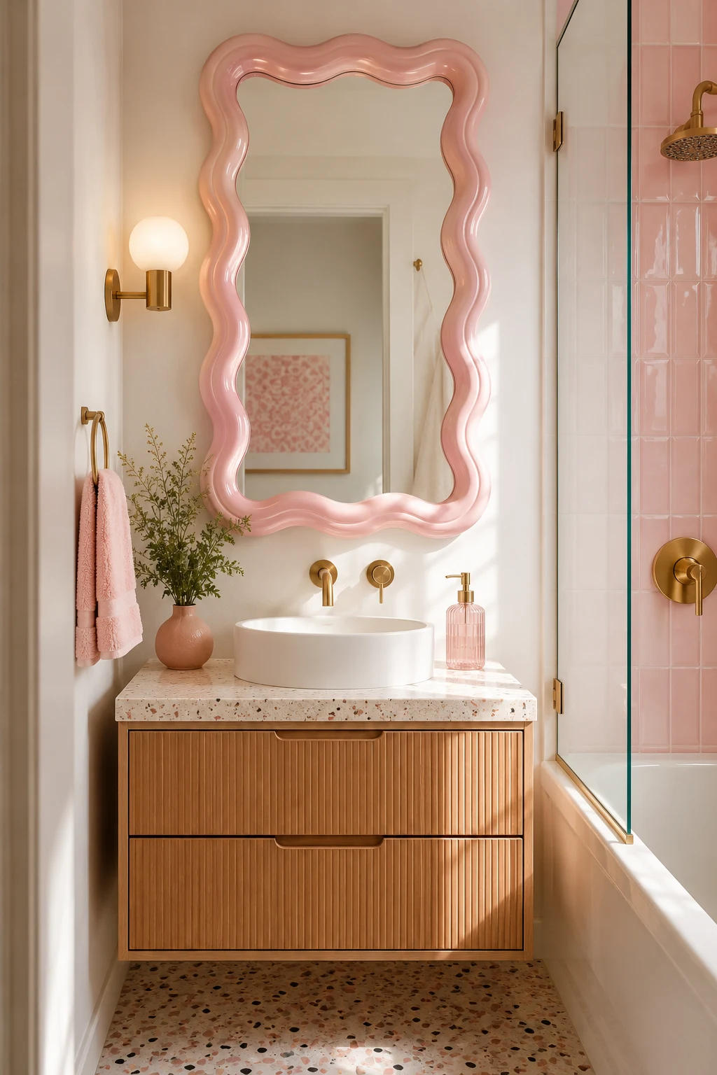 Brighten a Small Bathroom with a Wavy Pink Mirror — wavy pink mirror