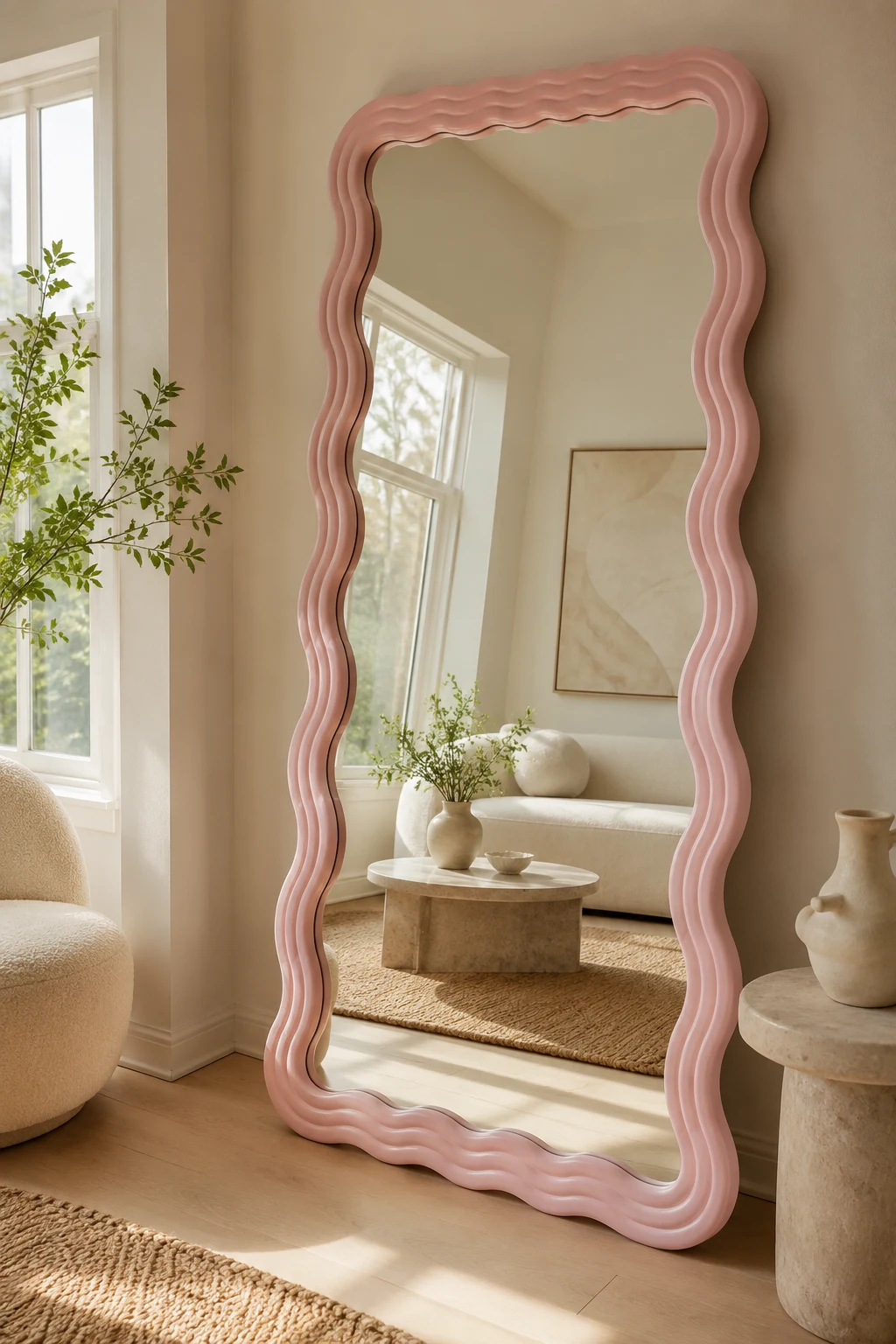 Lean an Oversized Wavy Pink Mirror Against the Wall — wavy pink mirror