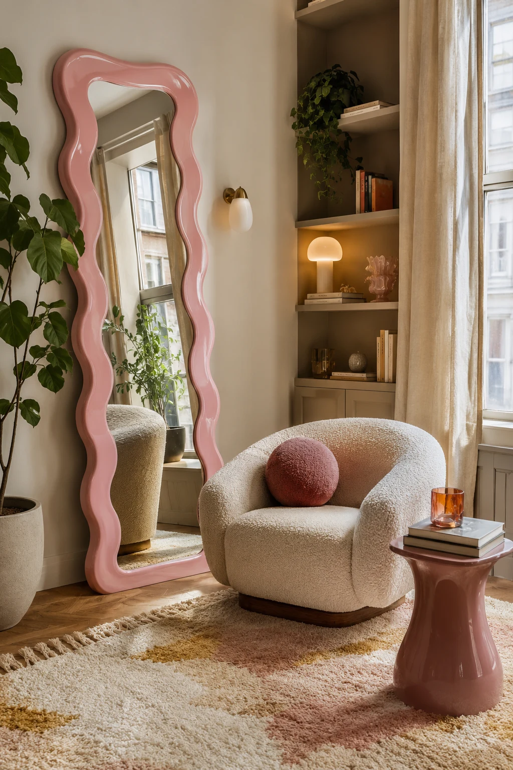 Style a Cozy Reading Corner Around a Wavy Pink Mirror — wavy pink mirror