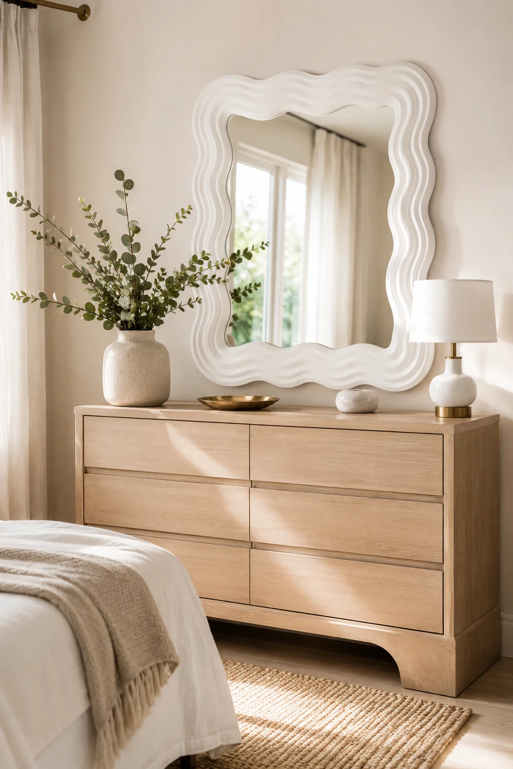 Style a White Wavy Mirror Above a Bedroom Dresser — white wavy mirror
