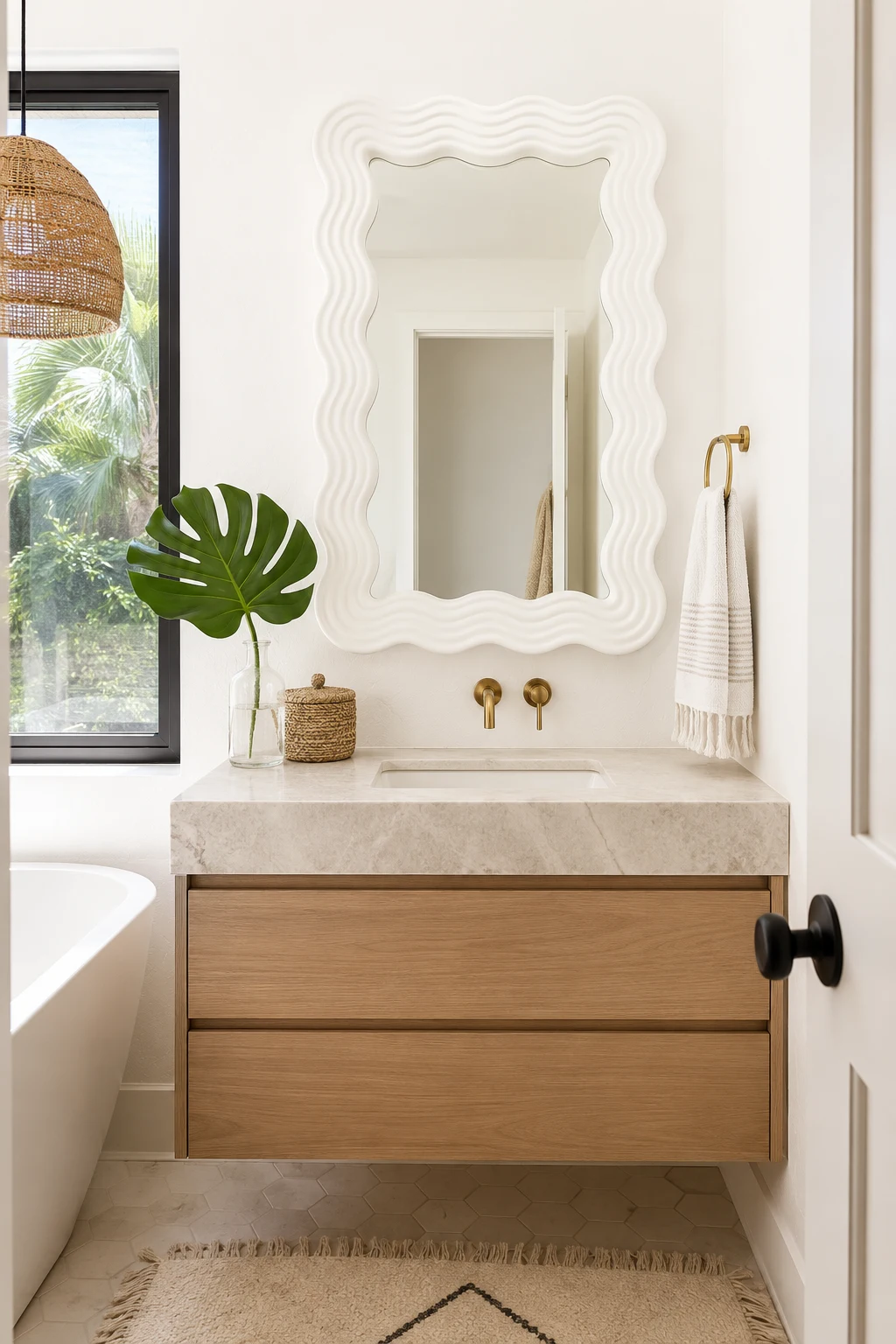 Brighten a Small Bathroom with a White Wavy Mirror — white wavy mirror