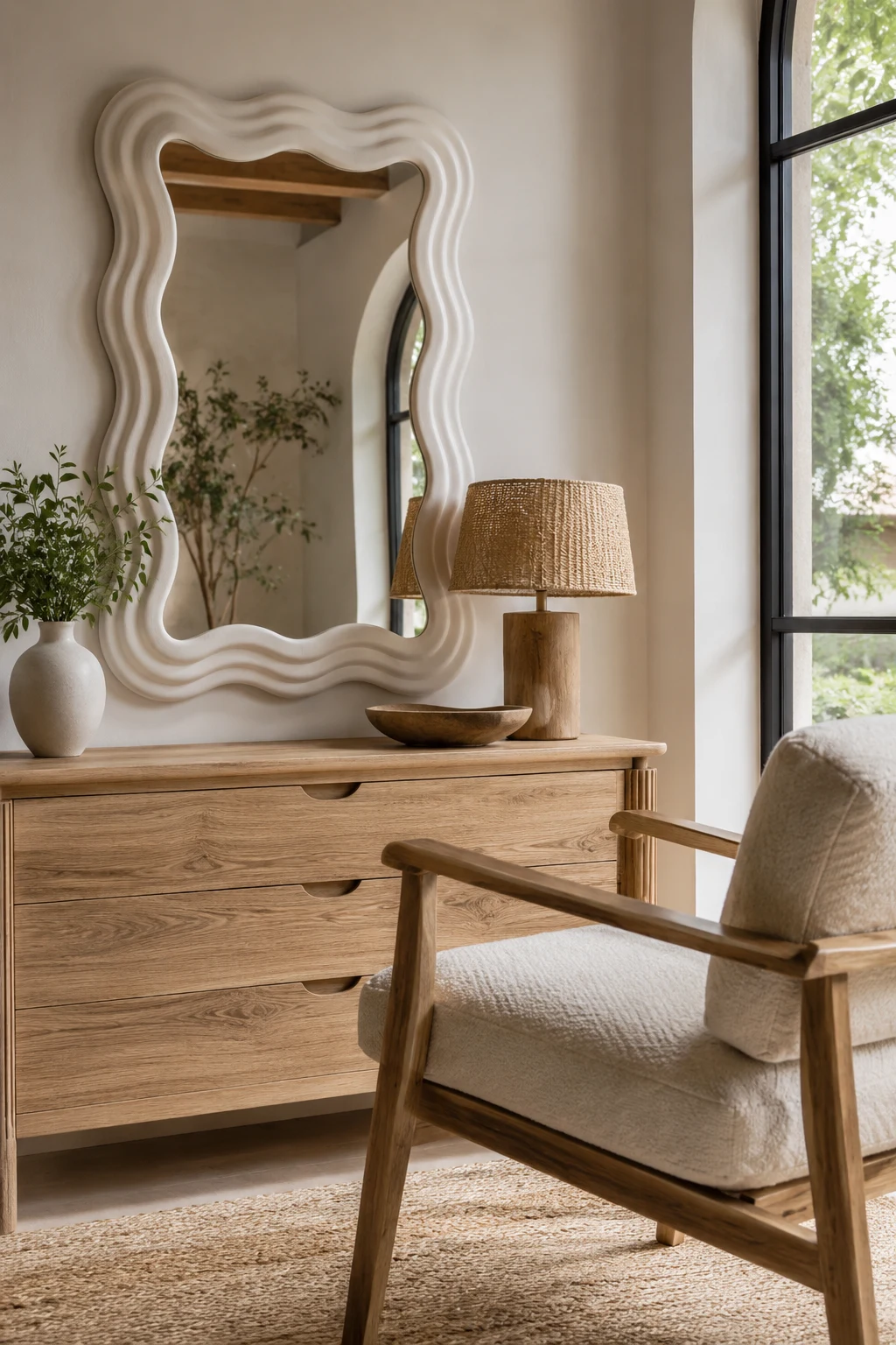 Pair a White Wavy Mirror with Natural Wood Furniture — white wavy mirror